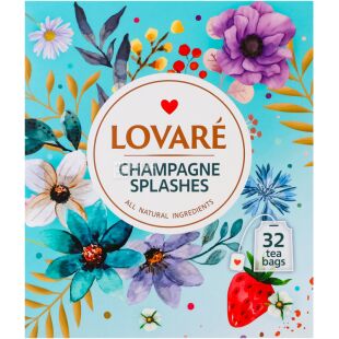 Lovare Champagne Splashes, 32 шт. х 2 г, Ловаре Бризки шампанського, Бленд чорного та зеленого чаю з пелюстками та суницею
