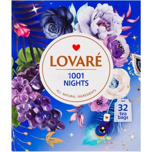 Lovare 1001 Nights, 32 шт. х 2 г, Ловаре 1001 Ніч, Бленд чорного та зеленого чаю з пелюстками та ароматом винограду