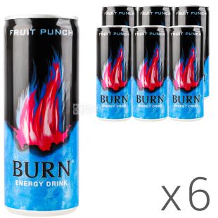 Burn Fruit Punch, Упаковка 6 шт. х 250 мл, Бьорн Фруктовий Пунш, Енергетичний напій, безалкогольний, ж/б