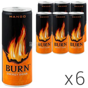 Burn Mango, Упаковка 6 шт. х 250 мл, Берн Манго, Напиток энергетический безалкогольный, ж/б