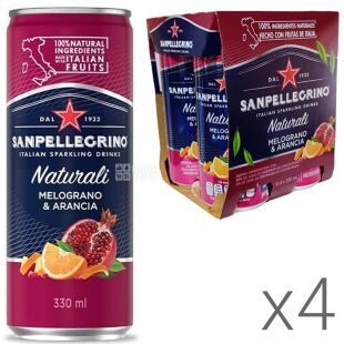 an Pellegrino Melograno & Arancia, Упаковка 4 шт. х 0,33 л, Напиток газированный сокосодержащий Гранат и Апельсин Сан Пелегрино,