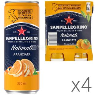 San Pellegrino Aranciata, Упаковка 4 шт. х 0,33л, Напиток газированный сокосодержащий Апельсин Сан Пелегрино, ж/б