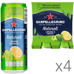 San Pellegrino Limone & Menta, Упаковка 4 шт. х 0,3 л, Напій газований соковмісний Італійське мохіто Сан Пелегріно, ж/б
