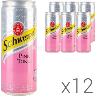 Schweppes Pink Tonic, Упаковка 12 шт. х 0,33 л, Напій газований Рожевий Тонік Швепс, ж/б