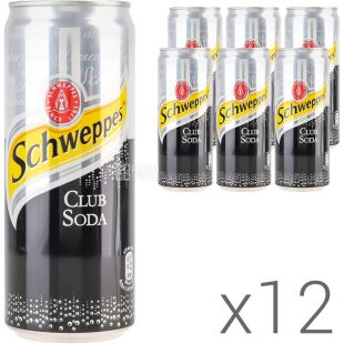 Schweppes Club Soda,  Упаковка 12 шт. х 0,33 л, Напій газований содовий Швепс, без цукру, ж/б