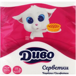 Диво, 100 шт., Салфетки столовые, однослойные, белые, 33 х 33 см