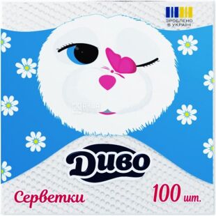 Диво, 100 шт., Серветки столові, одношарові, білі, 24 x 24 см