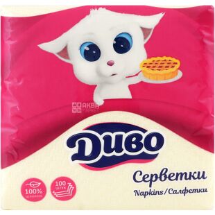 Диво, 100 шт., Салфетки столовые, однослойные, желтые, 24 х 24 см