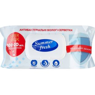 Summer Fresh, 120 шт., Саммер Фреш, Салфетки влажные антибактериальные, с клапаном 