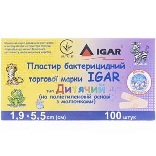 IGAR, 100 шт., Ігар, Пластир бактерицидний дитячий, на поліетиленовій основі, з малюнками