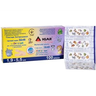 IGAR, 100 шт., Ігар, Пластир бактерицидний дитячий, на поліетиленовій основі, з малюнками