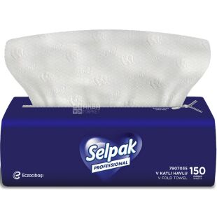 Selpak Professional Premium, 150 аркушів, Паперові рушники Селпак, 2-шарові, V-складання, білі, 215х200 мм